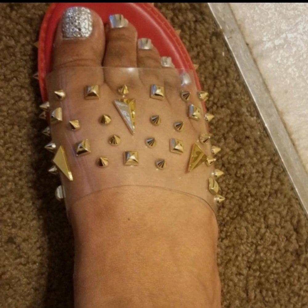 Red and Clear Gold Stud Strappy Sandals - Picture 4 of 6
